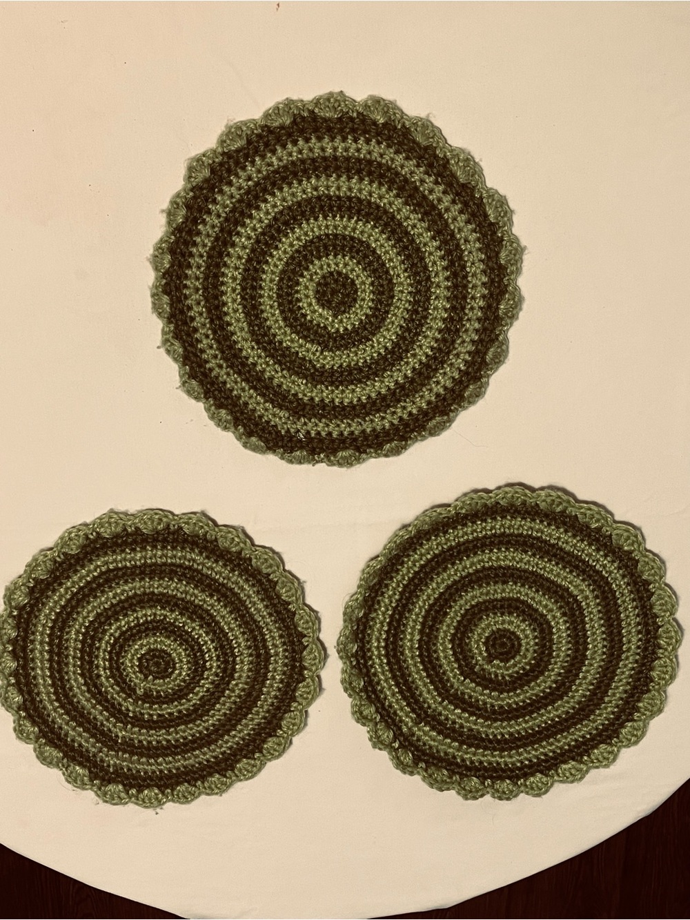 Set of 3 Handmade Crochet Hot Pads / Trivets – Green & Brown Round Kitchen Décor